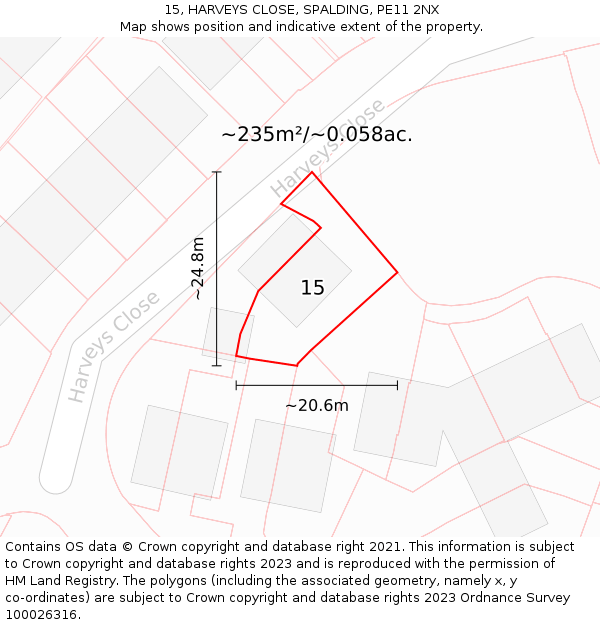 15, HARVEYS CLOSE, SPALDING, PE11 2NX: Plot and title map
