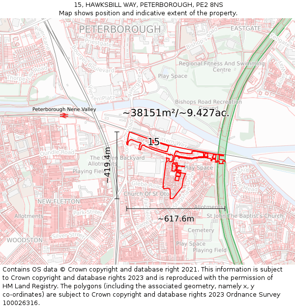 15, HAWKSBILL WAY, PETERBOROUGH, PE2 8NS: Plot and title map