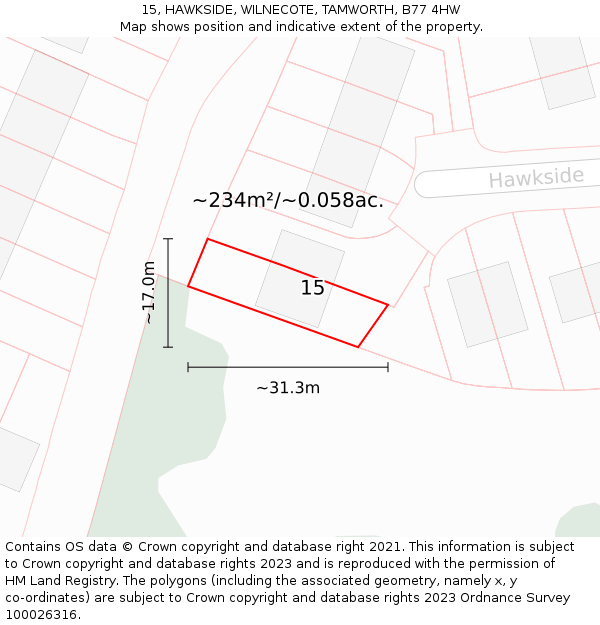 15, HAWKSIDE, WILNECOTE, TAMWORTH, B77 4HW: Plot and title map