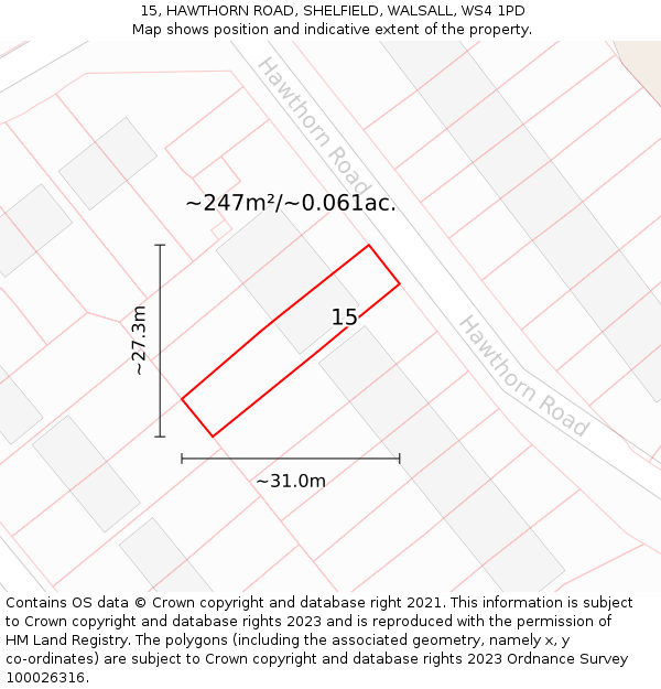 15, HAWTHORN ROAD, SHELFIELD, WALSALL, WS4 1PD: Plot and title map