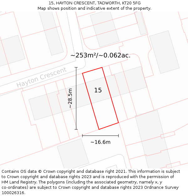 15, HAYTON CRESCENT, TADWORTH, KT20 5FG: Plot and title map