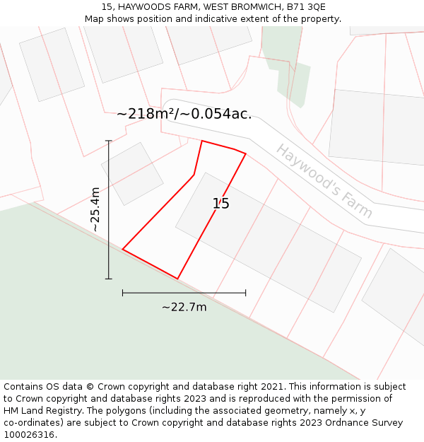 15, HAYWOODS FARM, WEST BROMWICH, B71 3QE: Plot and title map