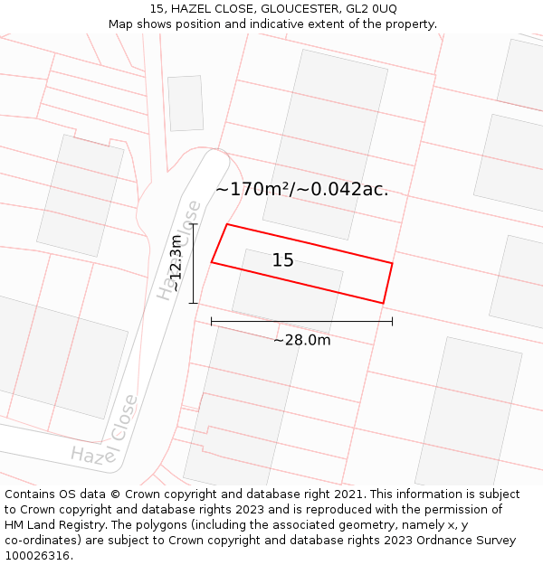 15, HAZEL CLOSE, GLOUCESTER, GL2 0UQ: Plot and title map