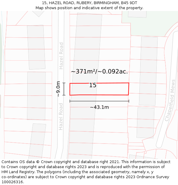 15, HAZEL ROAD, RUBERY, BIRMINGHAM, B45 9DT: Plot and title map