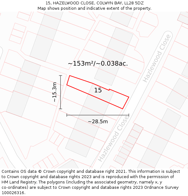 15, HAZELWOOD CLOSE, COLWYN BAY, LL28 5DZ: Plot and title map