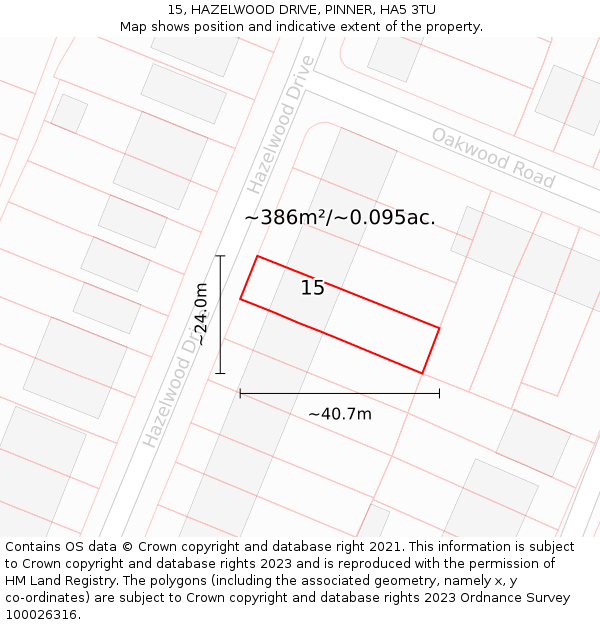 15, HAZELWOOD DRIVE, PINNER, HA5 3TU: Plot and title map