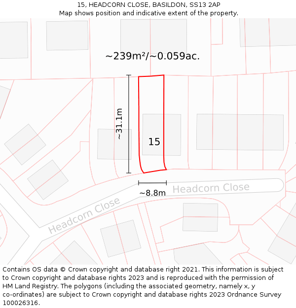 15, HEADCORN CLOSE, BASILDON, SS13 2AP: Plot and title map