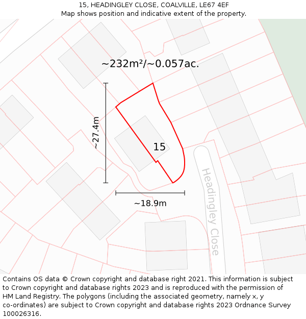 15, HEADINGLEY CLOSE, COALVILLE, LE67 4EF: Plot and title map