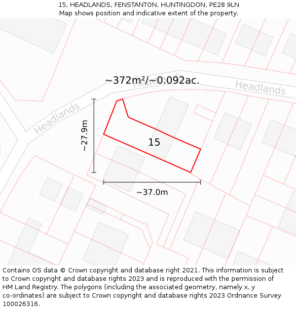 15, HEADLANDS, FENSTANTON, HUNTINGDON, PE28 9LN: Plot and title map