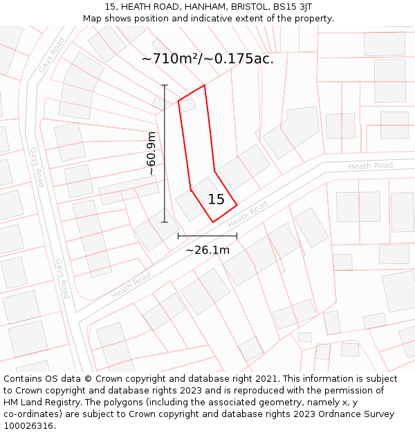 15, HEATH ROAD, HANHAM, BRISTOL, BS15 3JT: Plot and title map