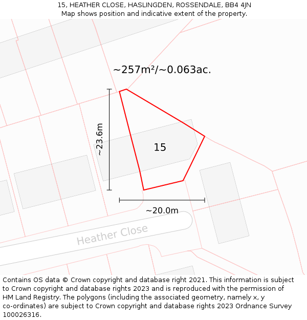 15, HEATHER CLOSE, HASLINGDEN, ROSSENDALE, BB4 4JN: Plot and title map