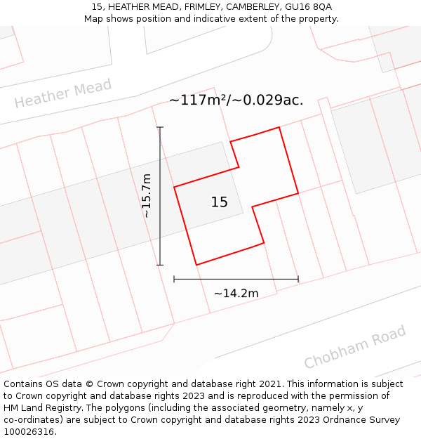 15, HEATHER MEAD, FRIMLEY, CAMBERLEY, GU16 8QA: Plot and title map