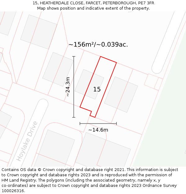 15, HEATHERDALE CLOSE, FARCET, PETERBOROUGH, PE7 3FR: Plot and title map
