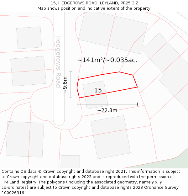 15, HEDGEROWS ROAD, LEYLAND, PR25 3JZ: Plot and title map