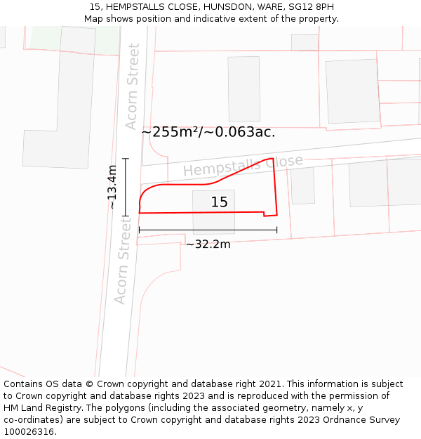 15, HEMPSTALLS CLOSE, HUNSDON, WARE, SG12 8PH: Plot and title map