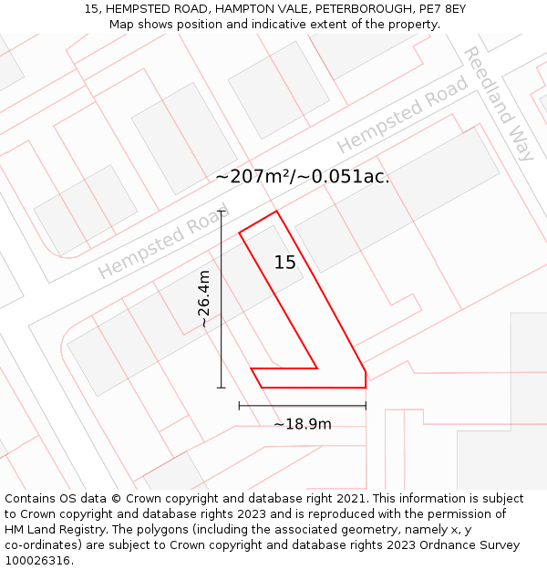 15, HEMPSTED ROAD, HAMPTON VALE, PETERBOROUGH, PE7 8EY: Plot and title map