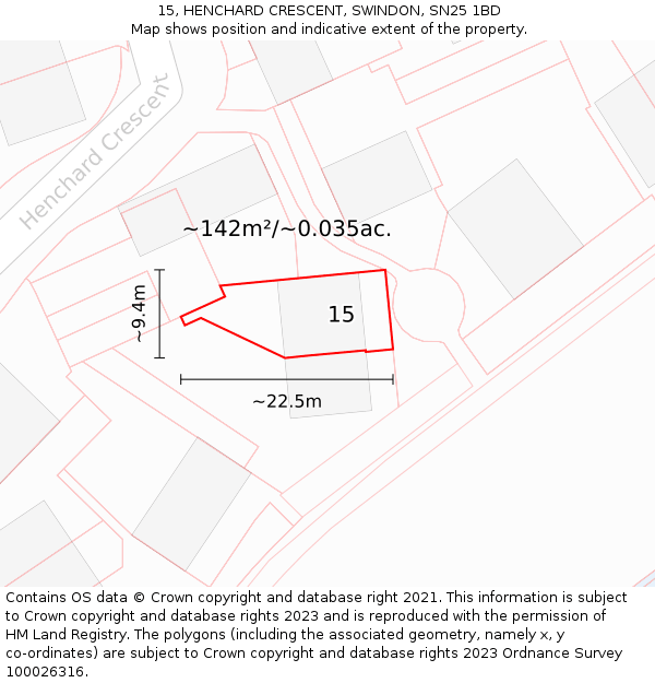 15, HENCHARD CRESCENT, SWINDON, SN25 1BD: Plot and title map