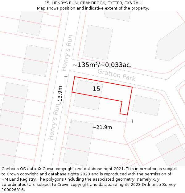 15, HENRYS RUN, CRANBROOK, EXETER, EX5 7AU: Plot and title map