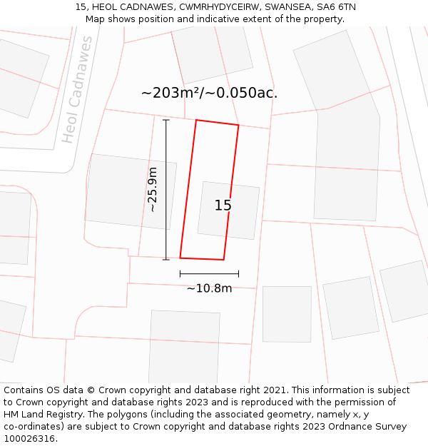 15, HEOL CADNAWES, CWMRHYDYCEIRW, SWANSEA, SA6 6TN: Plot and title map