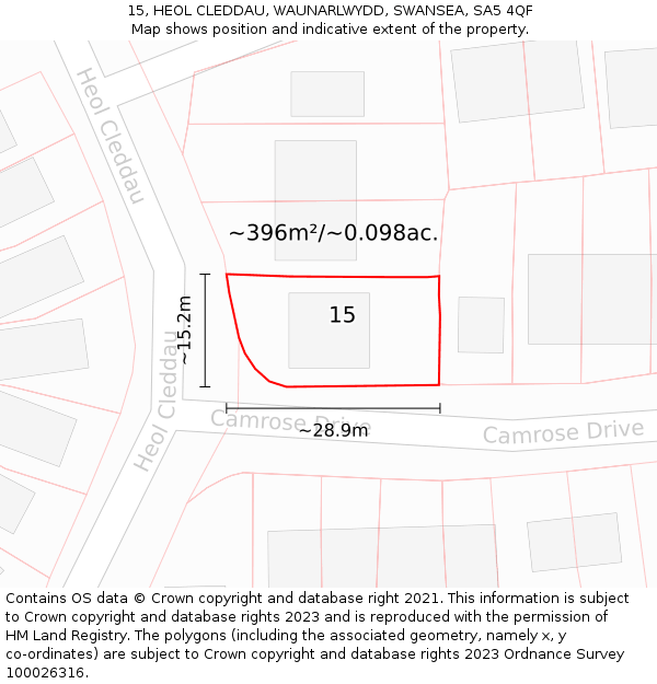 15, HEOL CLEDDAU, WAUNARLWYDD, SWANSEA, SA5 4QF: Plot and title map