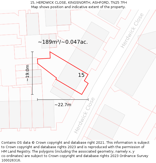15, HERDWICK CLOSE, KINGSNORTH, ASHFORD, TN25 7FH: Plot and title map