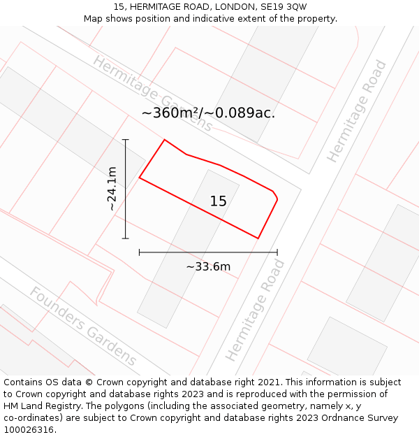 15, HERMITAGE ROAD, LONDON, SE19 3QW: Plot and title map