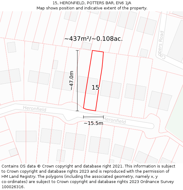 15, HERONFIELD, POTTERS BAR, EN6 1JA: Plot and title map
