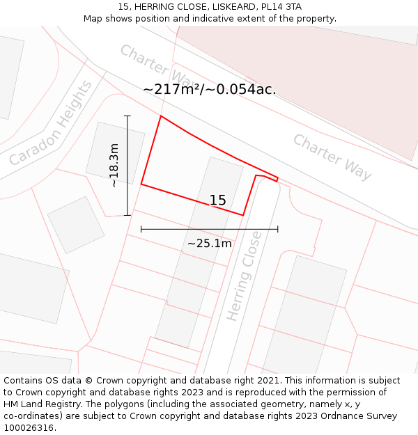 15, HERRING CLOSE, LISKEARD, PL14 3TA: Plot and title map
