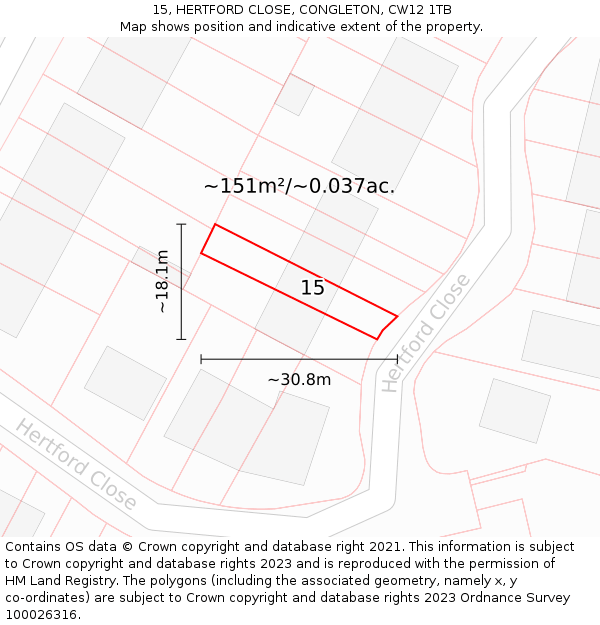 15, HERTFORD CLOSE, CONGLETON, CW12 1TB: Plot and title map