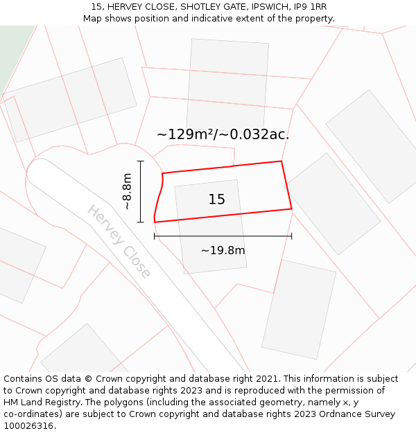 15, HERVEY CLOSE, SHOTLEY GATE, IPSWICH, IP9 1RR: Plot and title map