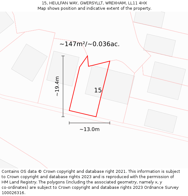 15, HEULFAN WAY, GWERSYLLT, WREXHAM, LL11 4HX: Plot and title map
