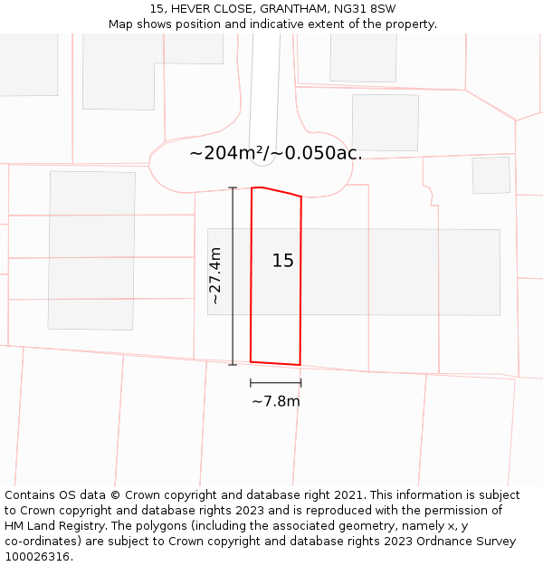 15, HEVER CLOSE, GRANTHAM, NG31 8SW: Plot and title map