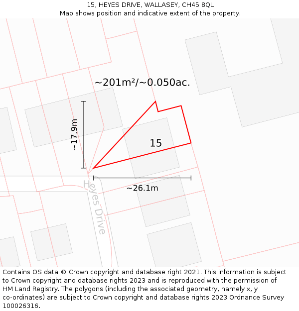 15, HEYES DRIVE, WALLASEY, CH45 8QL: Plot and title map