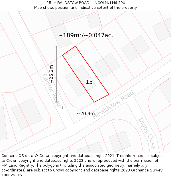 15, HIBALDSTOW ROAD, LINCOLN, LN6 3PX: Plot and title map