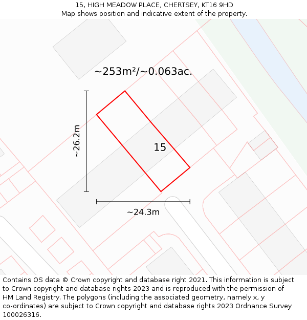 15, HIGH MEADOW PLACE, CHERTSEY, KT16 9HD: Plot and title map