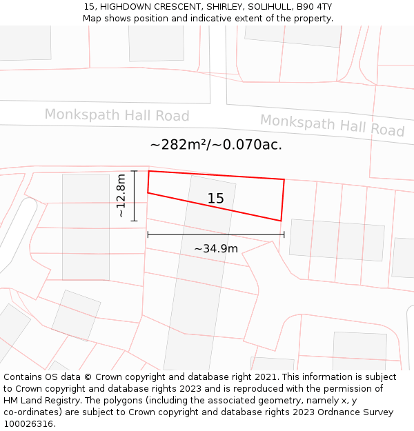 15, HIGHDOWN CRESCENT, SHIRLEY, SOLIHULL, B90 4TY: Plot and title map