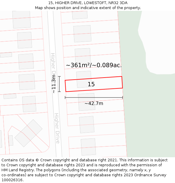 15, HIGHER DRIVE, LOWESTOFT, NR32 3DA: Plot and title map