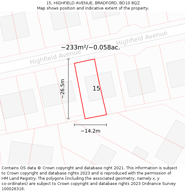 15, HIGHFIELD AVENUE, BRADFORD, BD10 8QZ: Plot and title map