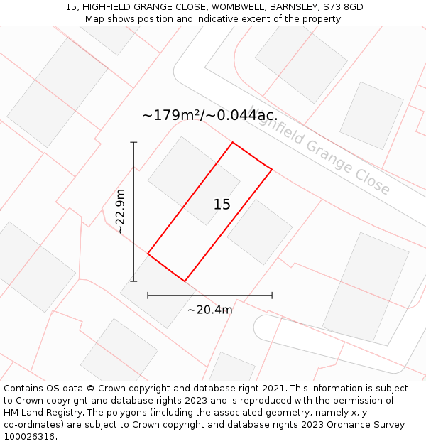 15, HIGHFIELD GRANGE CLOSE, WOMBWELL, BARNSLEY, S73 8GD: Plot and title map