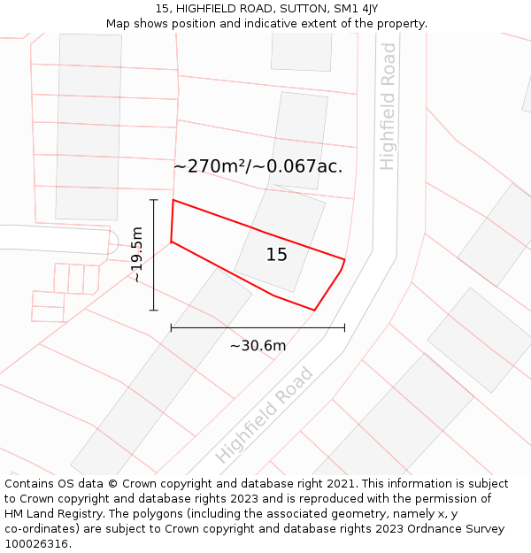 15, HIGHFIELD ROAD, SUTTON, SM1 4JY: Plot and title map