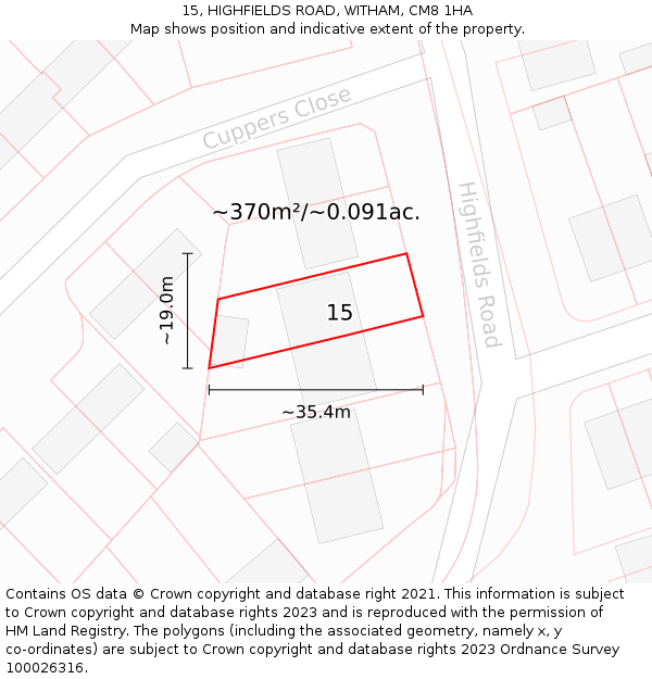 15, HIGHFIELDS ROAD, WITHAM, CM8 1HA: Plot and title map