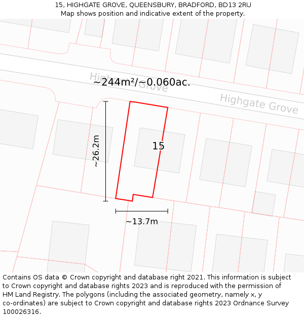 15, HIGHGATE GROVE, QUEENSBURY, BRADFORD, BD13 2RU: Plot and title map