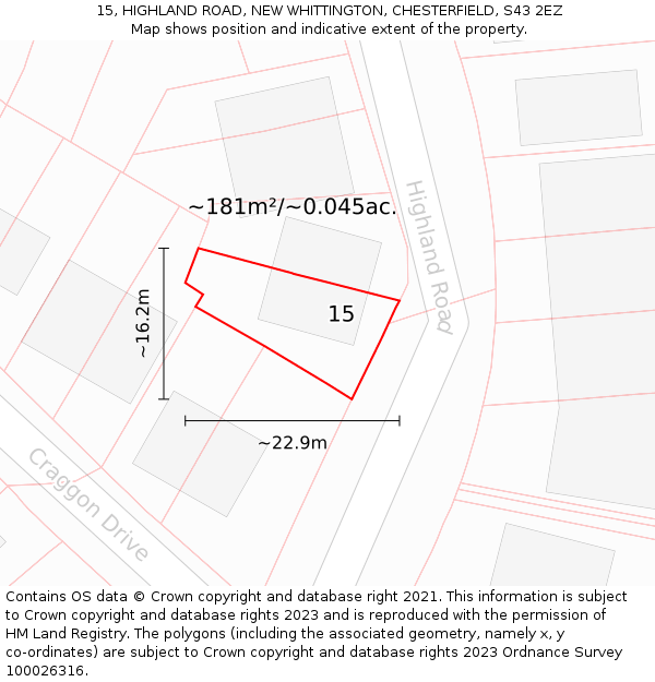 15, HIGHLAND ROAD, NEW WHITTINGTON, CHESTERFIELD, S43 2EZ: Plot and title map