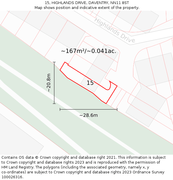 15, HIGHLANDS DRIVE, DAVENTRY, NN11 8ST: Plot and title map