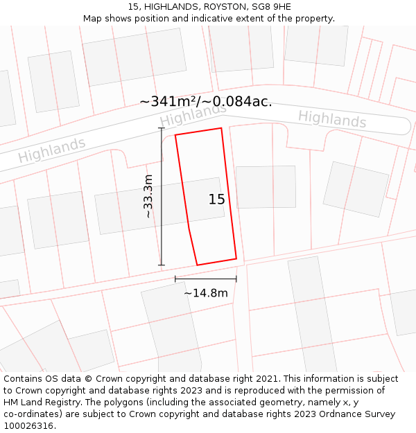 15, HIGHLANDS, ROYSTON, SG8 9HE: Plot and title map