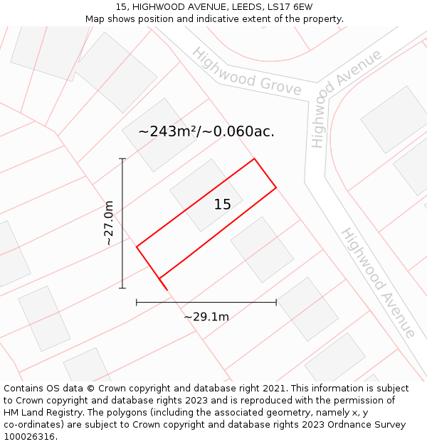 15, HIGHWOOD AVENUE, LEEDS, LS17 6EW: Plot and title map