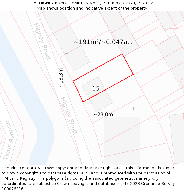 15, HIGNEY ROAD, HAMPTON VALE, PETERBOROUGH, PE7 8LZ: Plot and title map