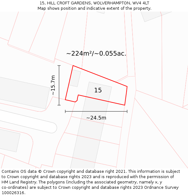 15, HILL CROFT GARDENS, WOLVERHAMPTON, WV4 4LT: Plot and title map