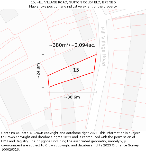 15, HILL VILLAGE ROAD, SUTTON COLDFIELD, B75 5BQ: Plot and title map