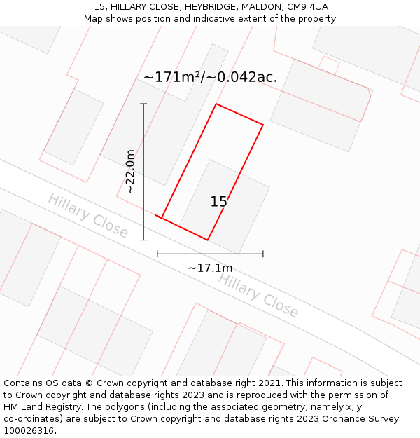 15, HILLARY CLOSE, HEYBRIDGE, MALDON, CM9 4UA: Plot and title map